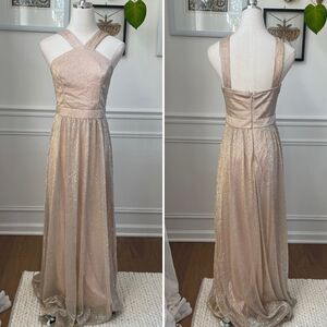 Lulus Metallic Gold Halter Grecian Neck Flowing Chiffon Formal Gown Dress S